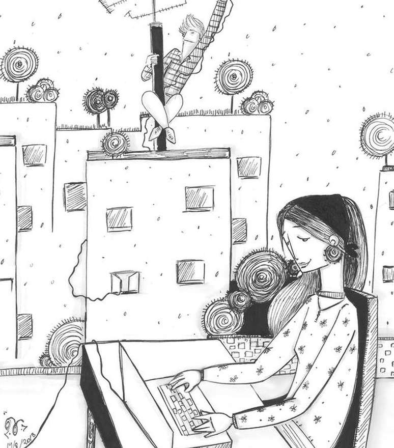 'Ela adora jogos online, mas por causa do cerco, ele precisa fazer um esforço extra para garantir que o gerador funcione e que haja sinal de internet' | Ilustração: Dima Nachawi