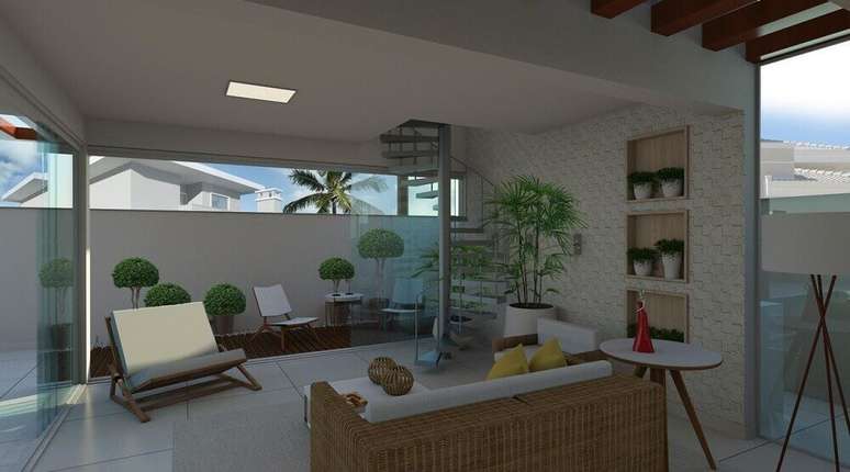 38. Decora&ccedil;&atilde;o de varanda com escada espiral de ferro modelo simples