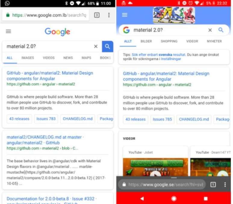 Nova interface de buscas (à direita) emula mudanças de design do Android P (Imagem: Reprodução/Phone Arena)
