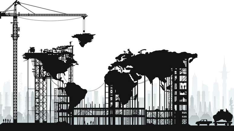 Ilustração do mapa múndi construído sobre um canteiro de obras