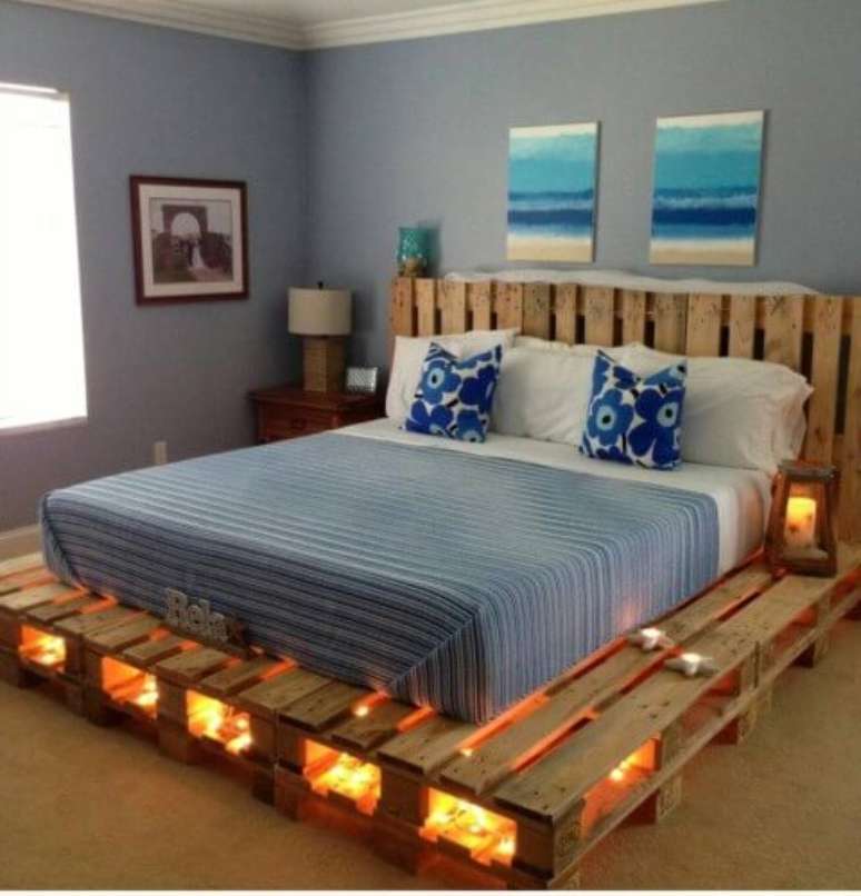 13. Camas de pallet com luzes est&atilde;o super na moda
