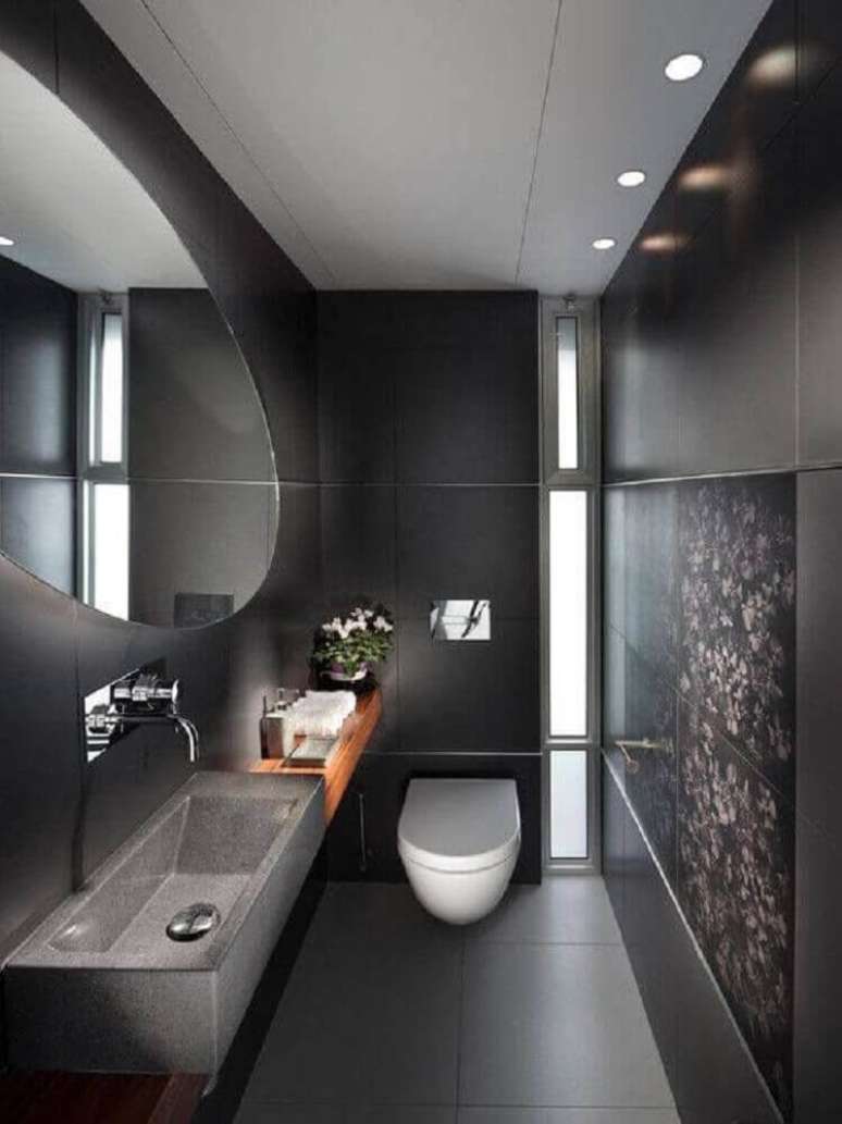 27. Lindo banheiro preto com inspiração contemporânea