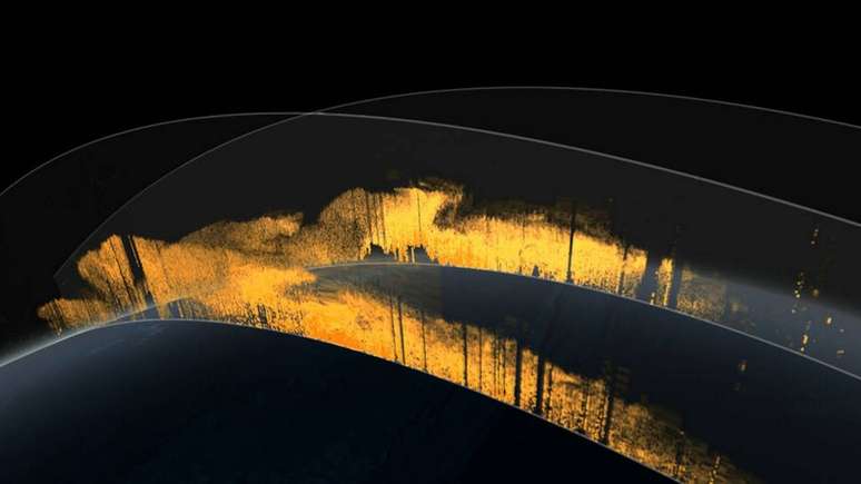 Representação artística da camada de poeira na atmosfera da Terra | Imagem: Nasa Goddard's Visualization Studio