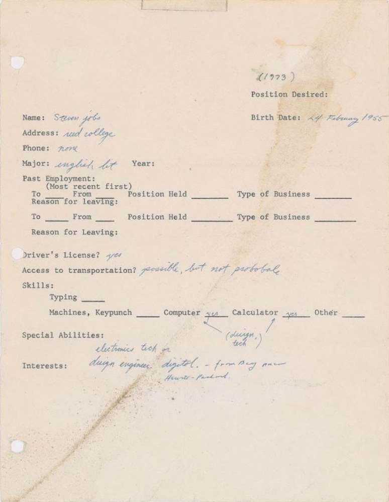 Documento data de 1973, ano em que Jobs deixa faculdade (Foto: Repordução)