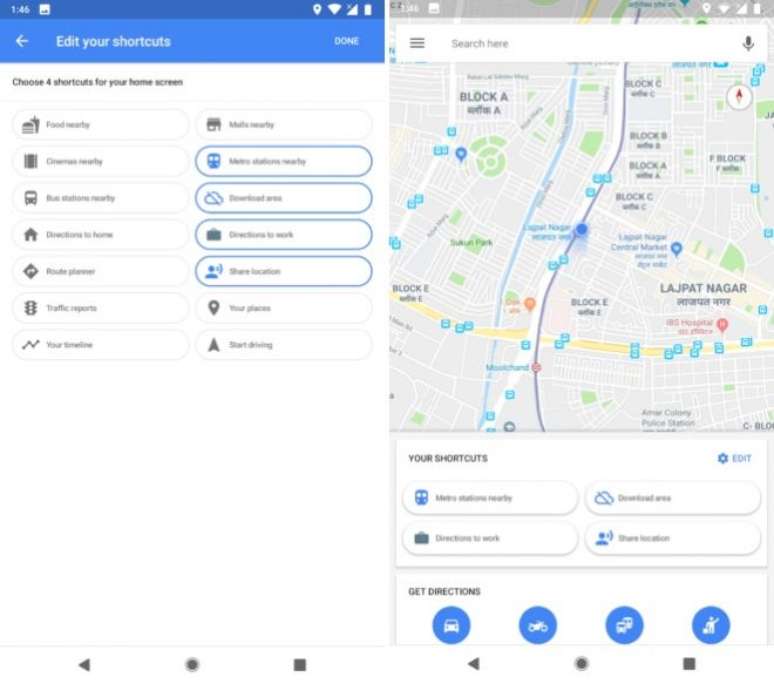 Atalhos no Google Maps estão disponíveis apenas para alguns usuários na Índia (Imagens: Ramit Suri / Android Police)