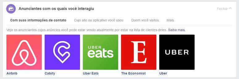 É possível ver as marcas com as quais você interagiu dentro e até fora do Facebook, mas em conexão com o site | Foto: Reprodução/Facebook