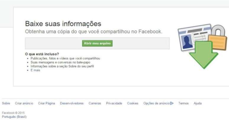 Dados pessoais podem ser baixados clicando na seta no canto superior direito da página, indo em 'Configurações' e escolhendo 'Geral' no menu à esquerda | Foto: Reprodução/Facebook