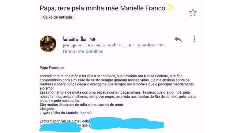 Filha de Marielle escreveu ao papa por meio de um intermediário na Argentina | Imagem: Reprodução