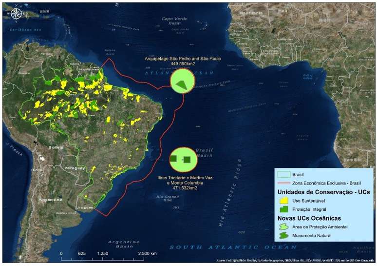 Mapa mostra as duas maiores reservas marinhas do país, criadas nos arquipélagos de Trindade e Martin Vaz e São Pedro e São Paulo | Imagem: Governo Federal