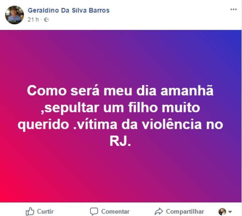 Pai do sargento Maurício Chagas Barros lamentou a morte do filho em postagem no Facebook | Imagem: Reprodução