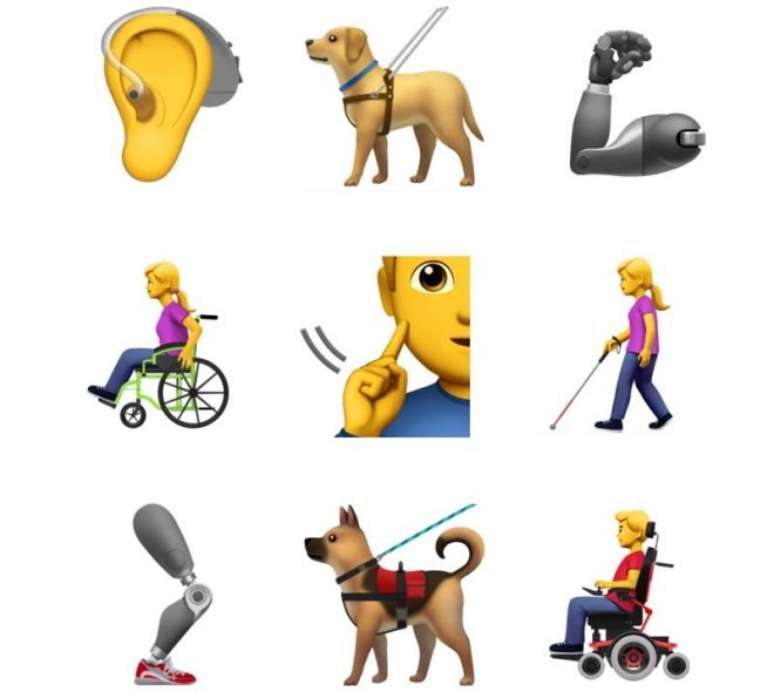 Os novos emojis representando pessoas com deficiências (Imagem: Emojipedia)