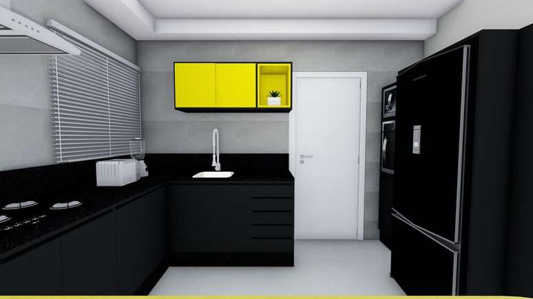 14. Cozinha preta e amarela com armário de cozinha preto.