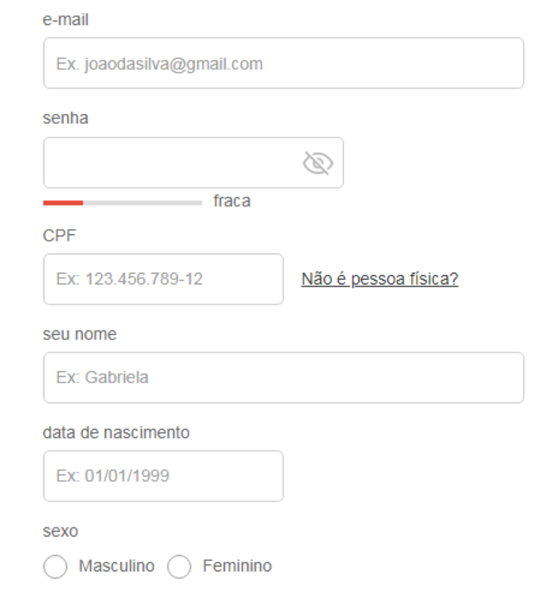 Exemplo de formulário para cadastro em loja virtual