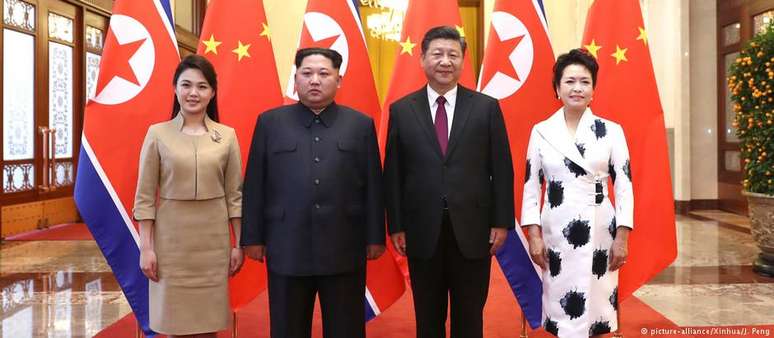 Kim Jong-un, Xi Jinping e respectivas esposas, Ri Sol-ju e Peng Liyuan, durante encontro em Pequim