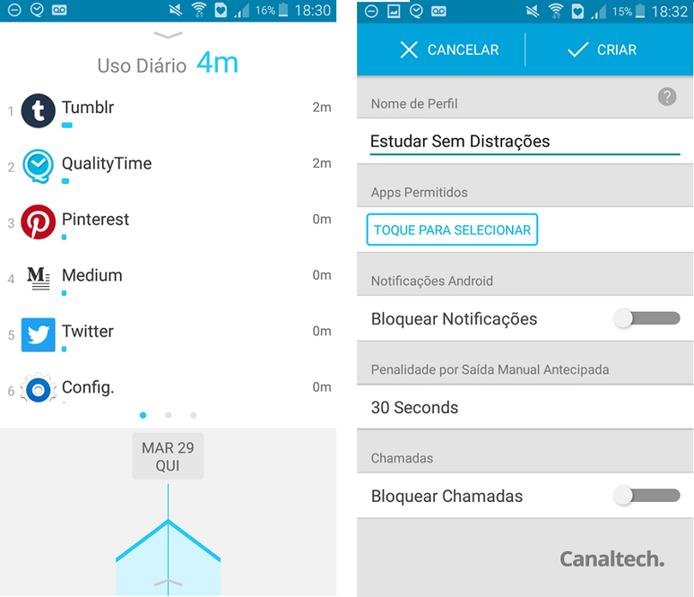 Relatórios em tempo real e possibilidade de configurar pausas. (Captura de Tela: Ares Saturno / Canaltech)