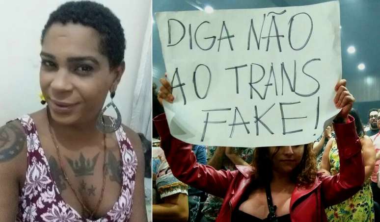 A militante Juhlia Santos e um cartaz de protesto do movimento de transexuais