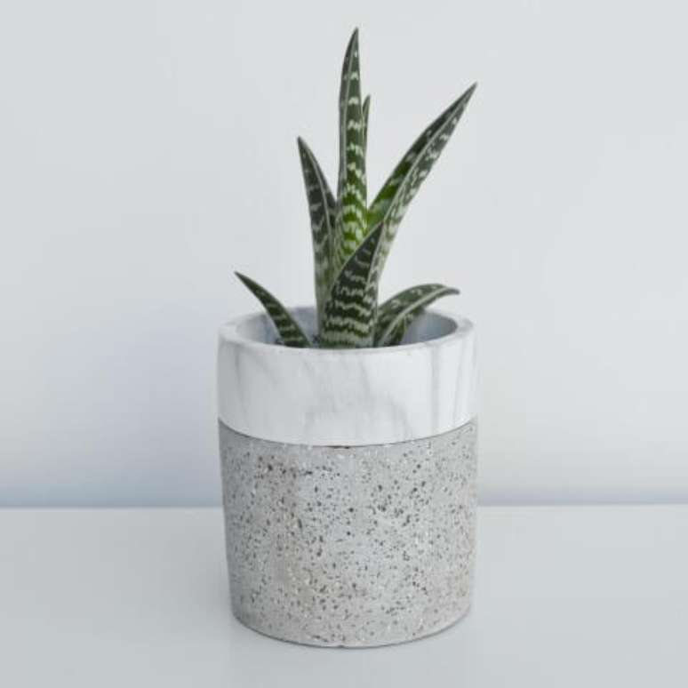 13. Caso voc&ecirc; queira um visual ainda mais diferente, pode acrescentar um detalhe de pedra ao seu vaso de cimento
