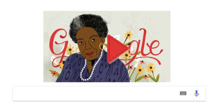 Ilustração que retrata Maya Angelou aparece acima da caixa de busca da ferramenta. 