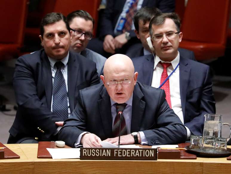 Embaixador da Rússia para a ONU, Vassily Nebenzia, durante reunião em Nova York 14/03/2018 REUTERS/Shannon Stapleton