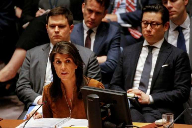 Embaixadora americana na ONU, Nikki Haley, em pronunciamento hoje no Conselho de Segurança das Nações Unidas