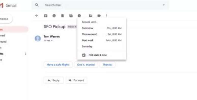 Importados do Inbox, respostas rápidas e botão soneca passam a fazer parte do Gmail tradicional (Imagem: The Verge)