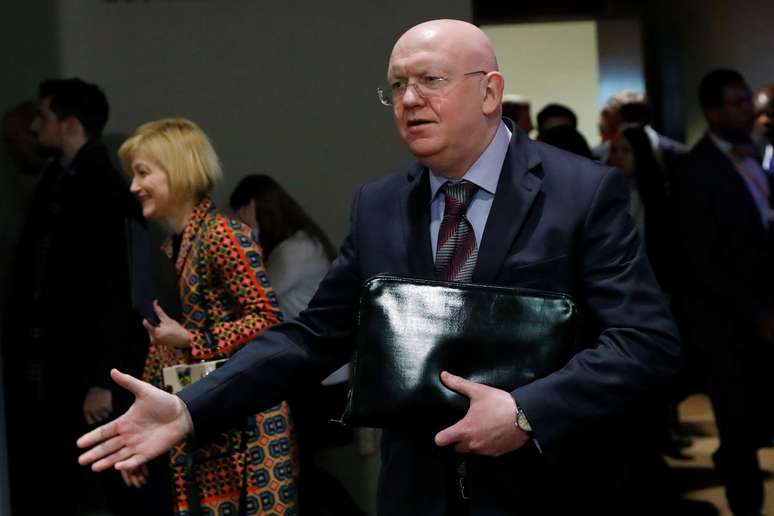 Embaixador russo na ONU, Vassily Nebenzia, d&aacute; entrevista em Nova York
12/04/2018 REUTERS/Shannon Stapleton 