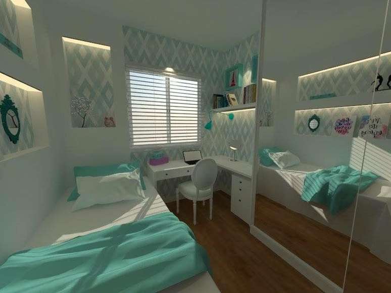 28. No projeto de Jacqueline Fumagalli, toda a decoração do quarto conta com toques de Tiffany