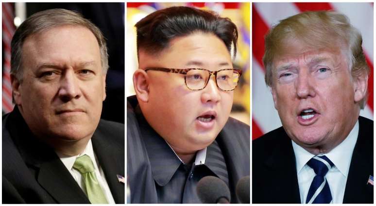 Montagem de fotos do diretor da CIA, Mike Pompeo, do líder norte-coreano, Kim Jong Un, e do presidente dos Estados Unidos, Donald Trump REUTERS/Yuri Gripas e KCNA divulgação via Reuters e Kevin Lamarque 