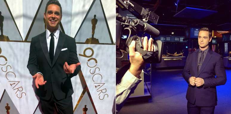 Karl Schmid no tapete vermelho do Oscar, em março, e durante uma gravação para o canal ABC