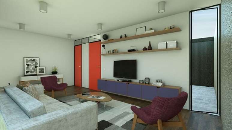 31. Rack com portas roxas. Projeto de Odvo Arquitetura