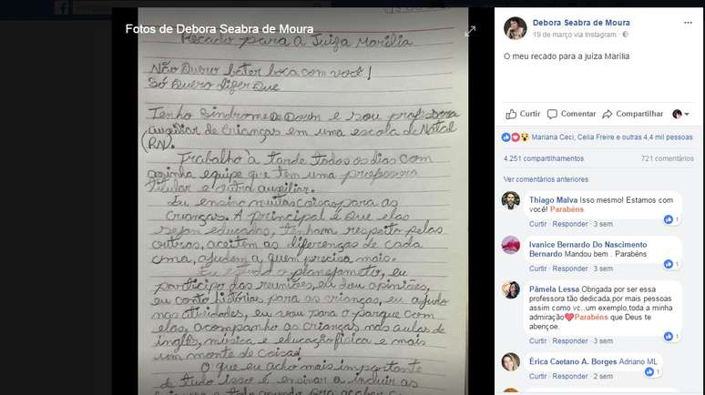 Quando viu a mensagem da desembargadora no Facebook, Débora escreveu uma carta-resposta a mão e postou 'para combater o preconceito'