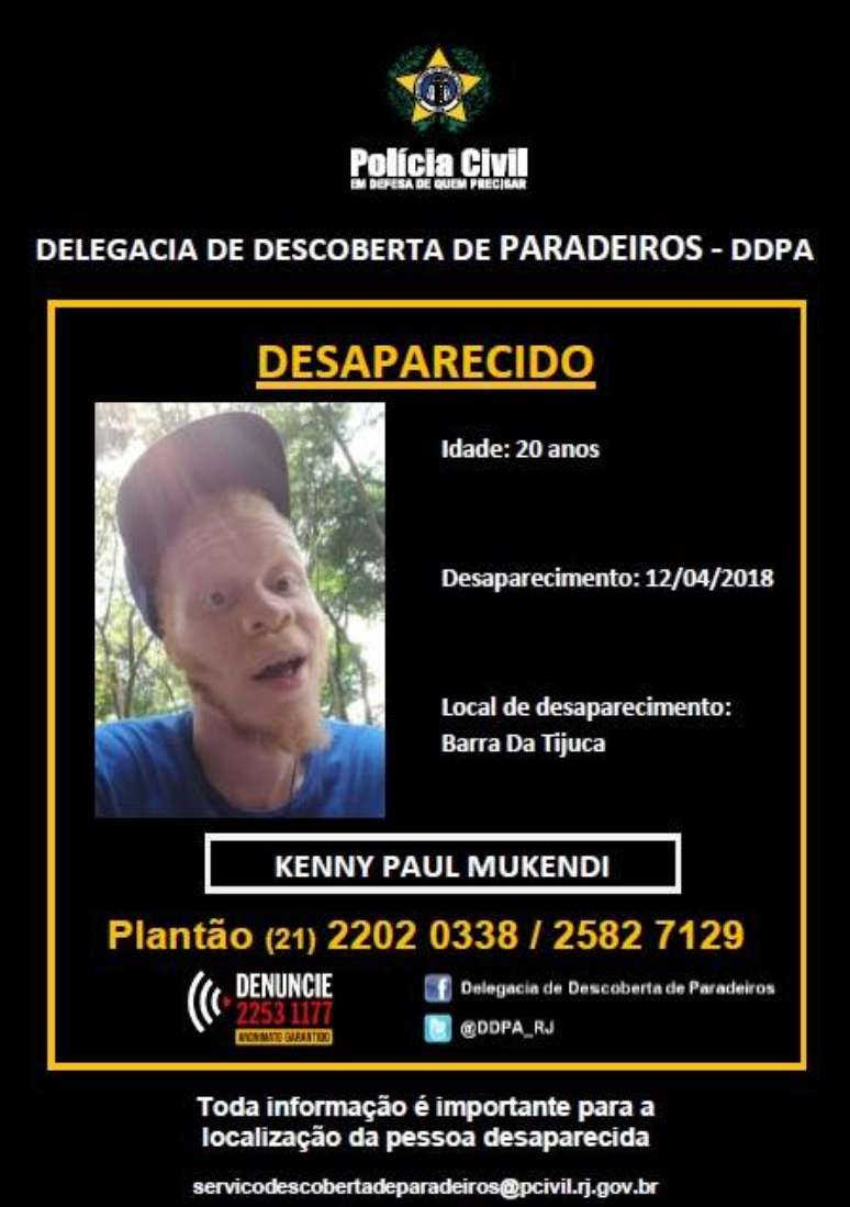 Comunicado da Polícia Civil sobre o desaparecimento de Kenny Vulcan, com foto e informações pessoais