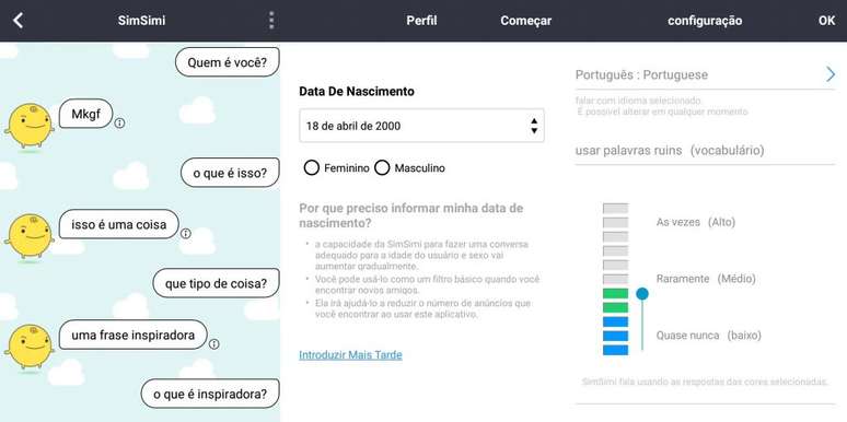 App permite configurar idade e nível das palavras a serem usadas pelo bot (Captura de tela: Wagner Alves/Canaltech)