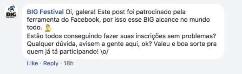 BIG responde à dúvida sobre mídia paga na página (Foto: Captura/Facebook)