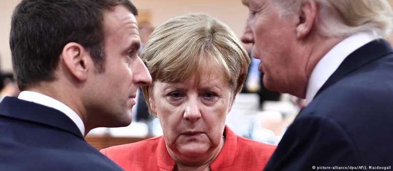 Macron e Merkel com Trump o G20, em 2017: interesses são difíceis de conciliar