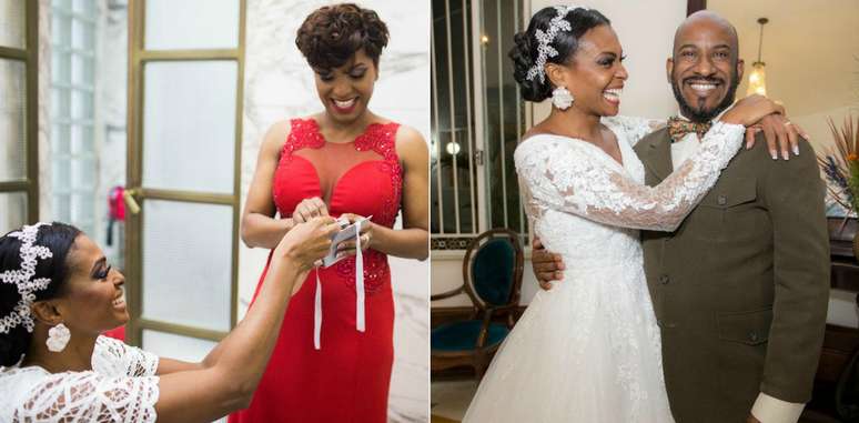 A atriz com sua irm&atilde; e madrinha de casamento, Vanessa, e ao lado com o chef Wagner de Freitas