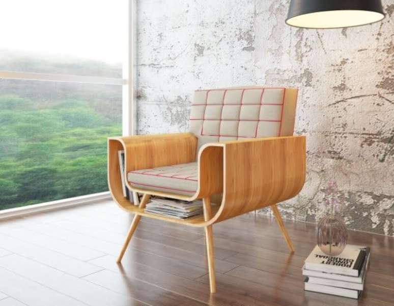 55. Poltronas com espa&ccedil;o para revisteiro. Projeto de Bria Arquitetura