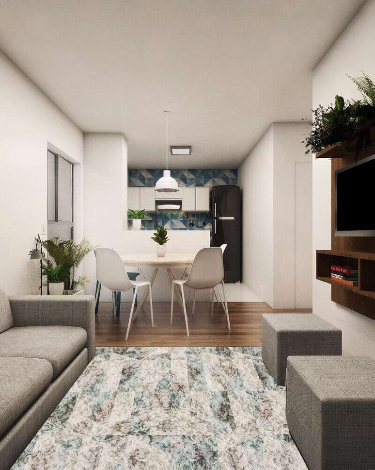 33. Puff para sala pequena com decora&ccedil;&atilde;o em tons neutros