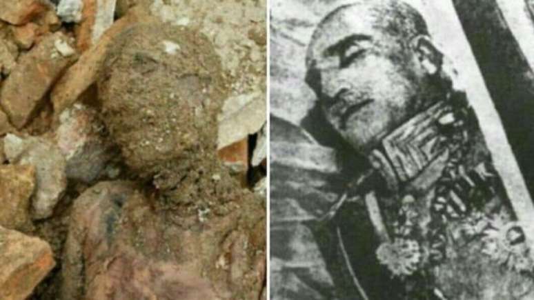 À esqueda, a múmia que seria de Reza Xá; à direita, o corpo do monarca iraniano