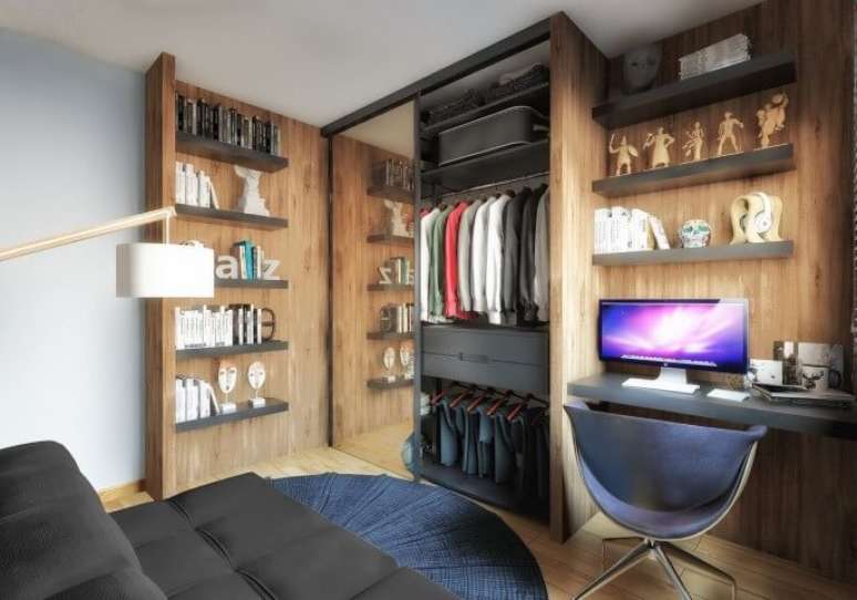 36. O arm&aacute;rio espelhado &eacute; uma &oacute;tima op&ccedil;&atilde;o para a decora&ccedil;&atilde;o de quarto. Projeto de Uba Arquitetura