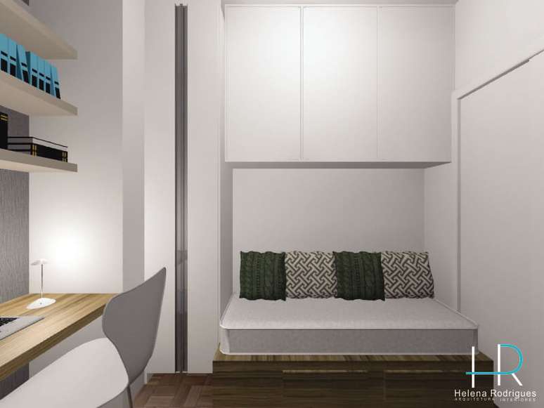 47. A cama embutida também ajuda a otimizar o espaço na decoração de quarto pequeno. Projeto de Helena Rodrigues Cavalcanti