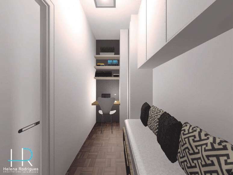 46. Na decora&ccedil;&atilde;o de quarto estreito, os arm&aacute;rios planejados s&atilde;o essenciais. Projeto de Helena Rodrigues Cavalcanti