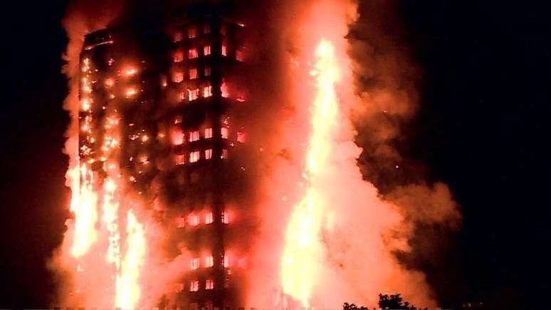 Incêndio no edifício Grenfell, em Londres, no ano passado: revestimento derivado de plástico teria contribuído para que o fogo se espalhasse rápido