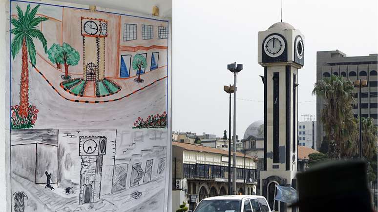 Este desenho de uma crian&ccedil;a s&iacute;ria parece mostrar a torre do rel&oacute;gio, na pra&ccedil;a central de Homs, como era antes e depois da guerra. A terceira maior cidade da S&iacute;ria j&aacute; foi considerada a "capital da revolu&ccedil;&atilde;o" contra o president Bashar al-Assad. Ela foi devastada no enfrentamento entre governo e for&ccedil;as rebeldes.