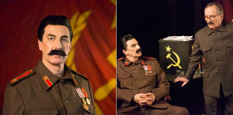 O ator caracterizado como Stalin e em cena da peça com o colega Luiz Damasceno