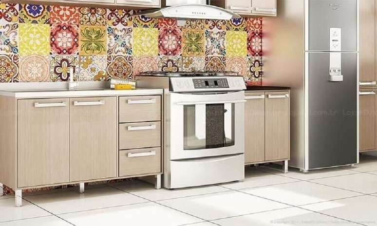 25. Decora&ccedil;&atilde;o com azulejo de ladrilhos coloridos para cozinha