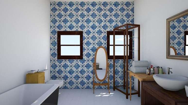 46. Ladrilho hidr&aacute;ulico para banheiro com decora&ccedil;&atilde;o simples