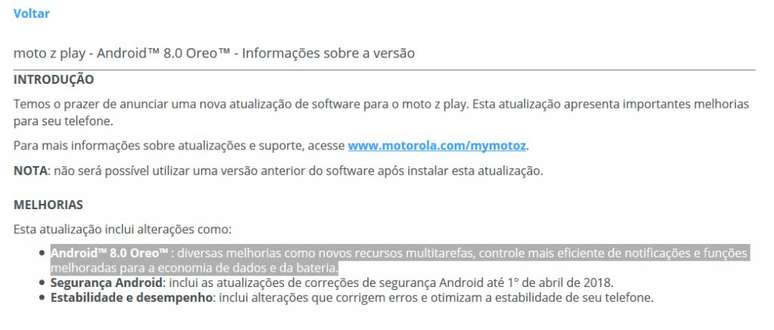 Site mostra descriação do Android 8.0 para Moto Z Play (Imagem: Captura de tela)