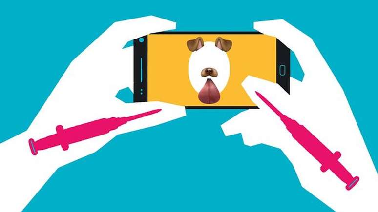 Filtros como o que permite ao usuário ter orelhas e focinho de cachorro eram usados por Kacie, que também fez tratamento estético inspirado em selfies | Fotos e ilustrações de Rebecca Hendin / David Mabrie / Getty / BBC Three