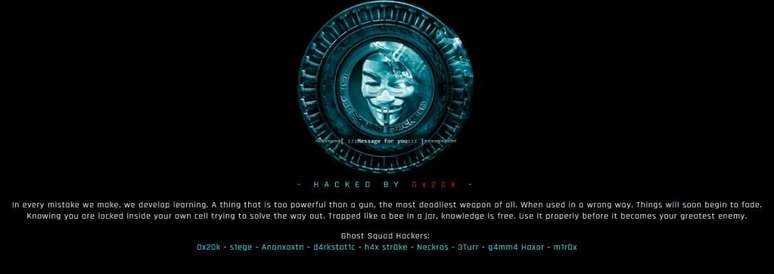 P&aacute;ginas invadidas durante o final de semana permanecem hackeadas at&eacute; o momento de publica&ccedil;&atilde;o desta reportagem (Imagem: Felipe Demartini)&nbsp;